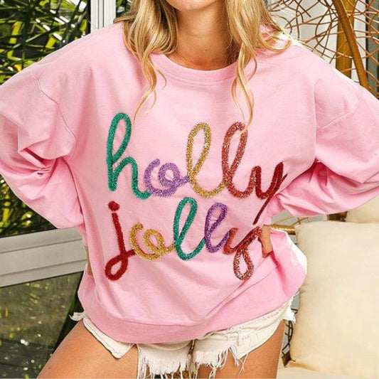 Festlicher Verzierter Sweatshirt mit 'Holly Jolly' Schriftzug