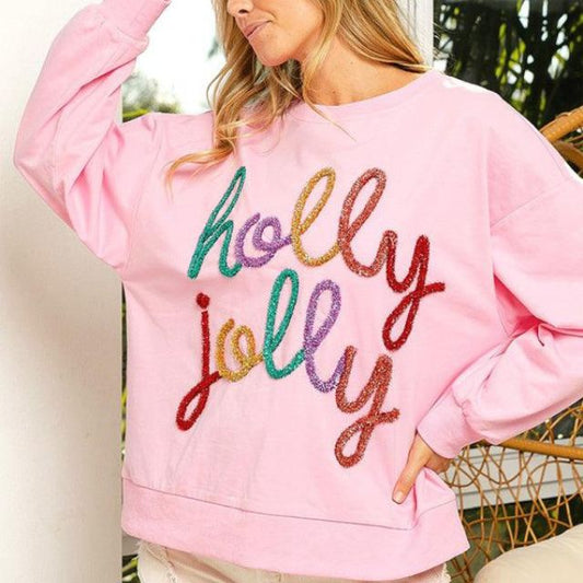 Festlicher Verzierter Sweatshirt mit 'Holly Jolly' Schriftzug