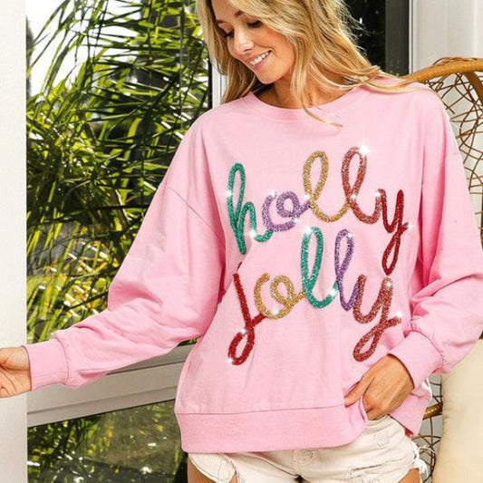 Festlicher Verzierter Sweatshirt mit 'Holly Jolly' Schriftzug