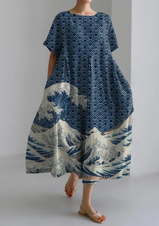 – Lässiges, lockeres Marine-Kurzarmkleid im japanischen Stil