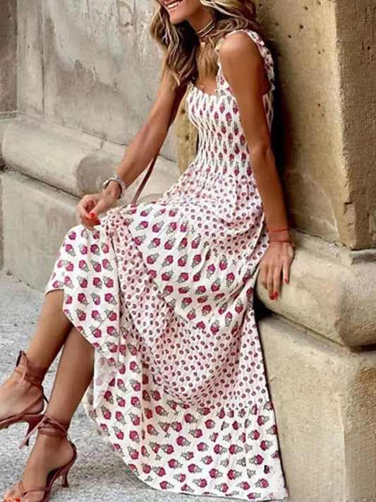 Damen Vintage Sommer Bohemian Print Langes Kleid mit Bohemian Print