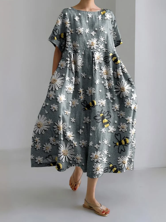 Damen Freizeitkleid mit Bienenprint und floraler Spitze