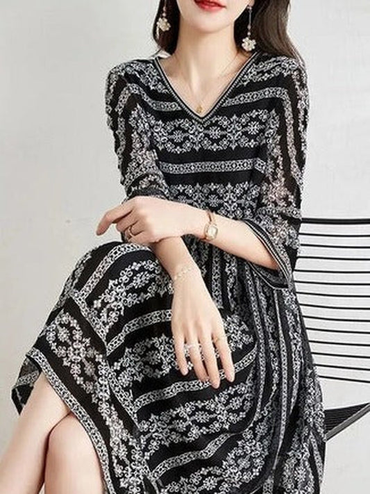 boho Sommerkleid mit V-Ausschnitt und 3/4-Ärmeln für Damen | Nichole