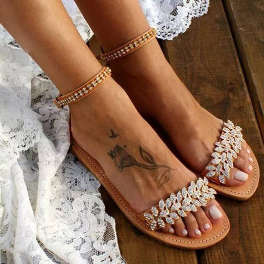 Rhinestone Flower Decorated Flat Sandal