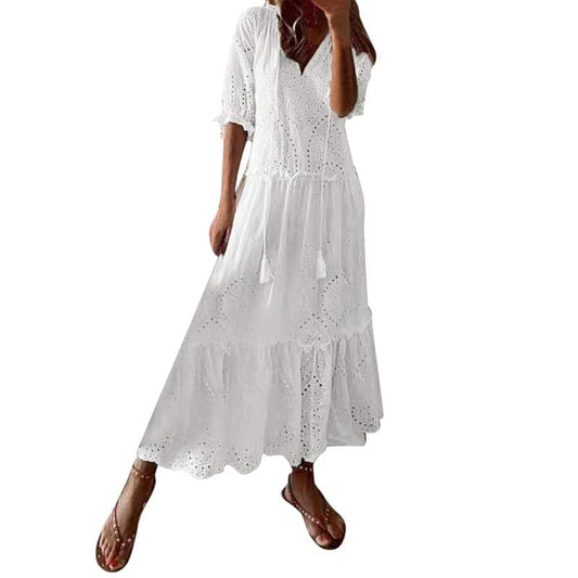 Wendy - Vestido largo Bohemio chic de Encaje en Blanco con Volantes