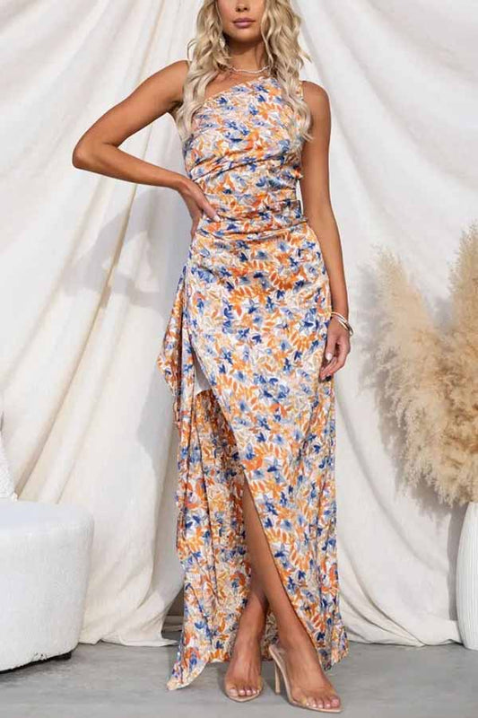 Passion – Geblümtes asymmetrisches One-Shoulder-Maxikleid mit Rüschenbesatz