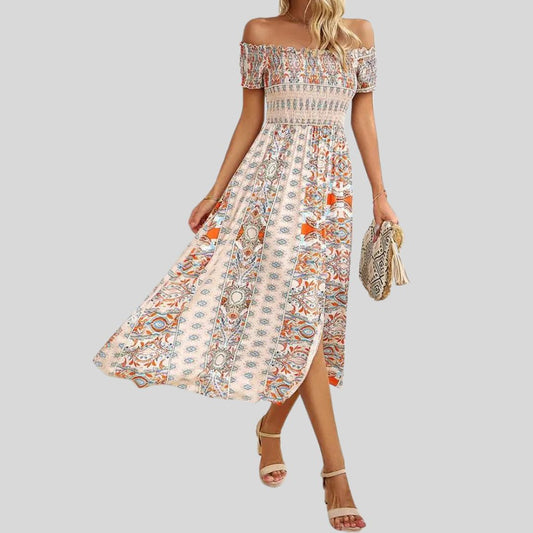 Aurora - Langes Boho-Kleid mit freien Schultern und Rüschen