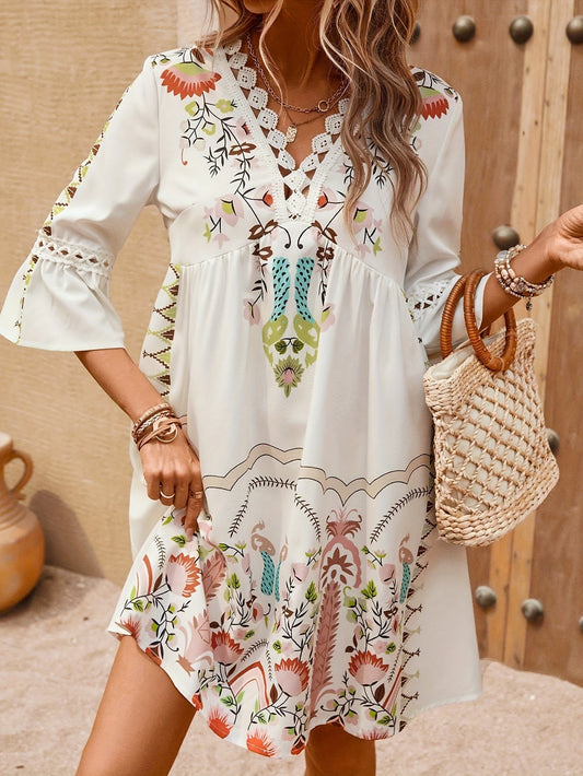 Ethnic Print V-Ausschnitt Damen Kleid