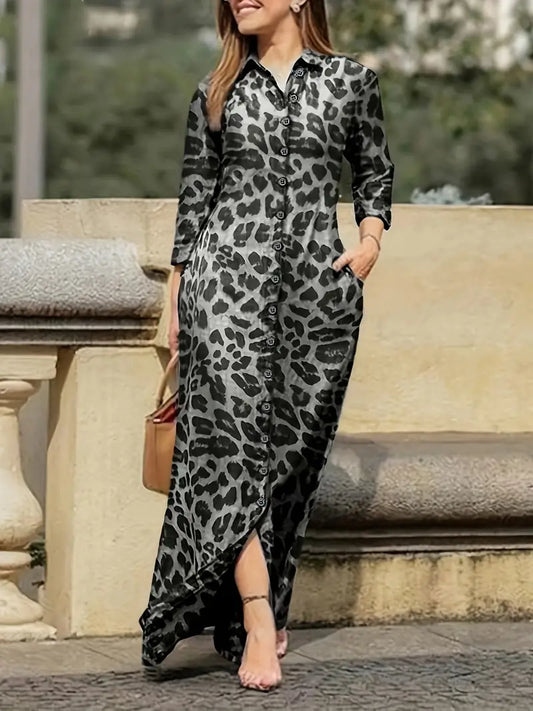 – maxikleid mit leopardenmuster und knöpfen