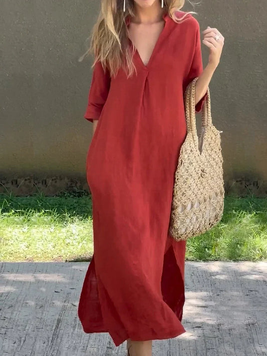 Sienna Solides Freizeitkleid mit V-Ausschnitt