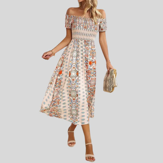 Aurora - Langes Boho-Kleid mit freien Schultern und Rüschen