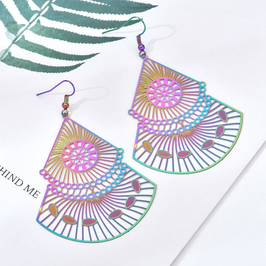 Unique Rainbow Color Stainless Steel Asian Style Fan  Shape Woman Earring