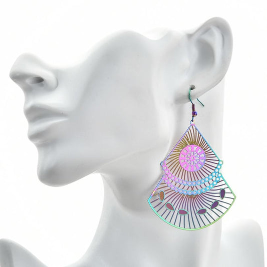 Unique Rainbow Color Stainless Steel Asian Style Fan  Shape Woman Earring