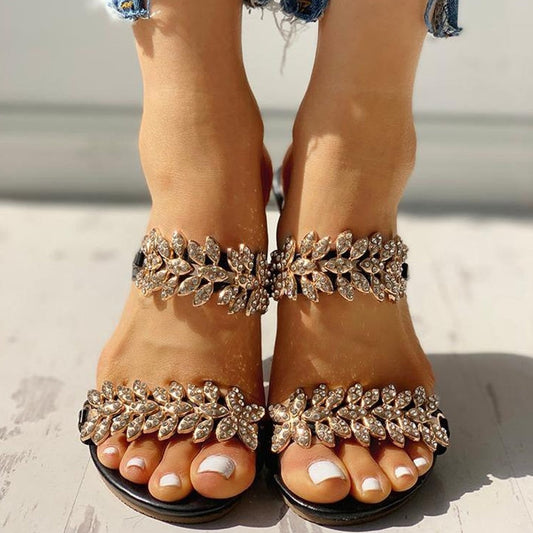 Rhinestone Strap Fretwork Heeled Sandal