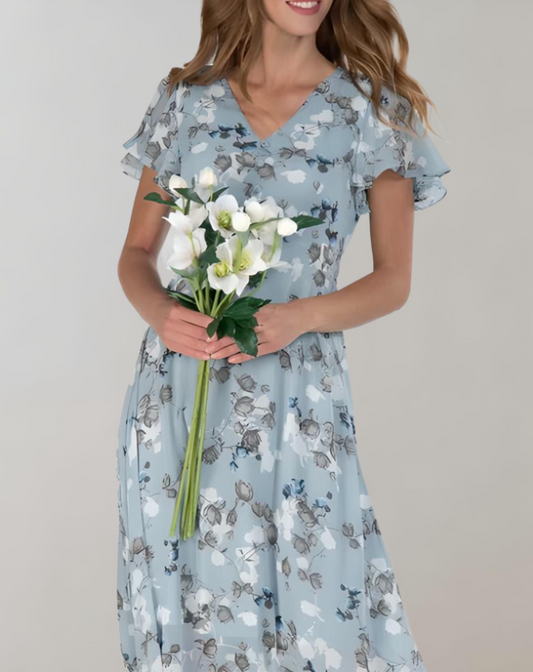 V-Ausschnitt Sommerkleid mit Blumenmuster und kurzen Ärmeln für Damen | Enora