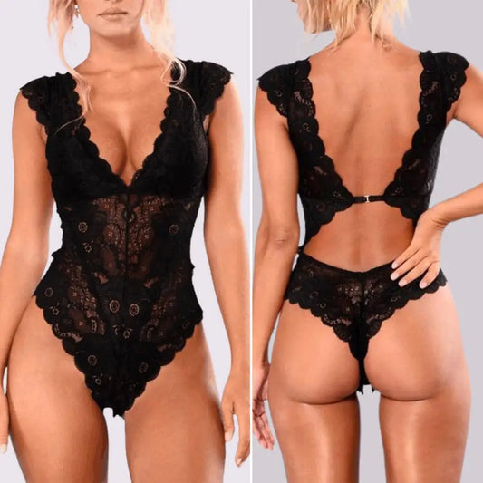 Plus Size 3XL Bodysuit met Kant en See-through Leaf Edge