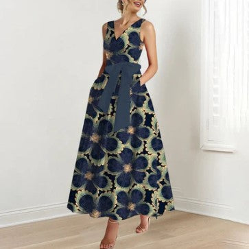 – elegantes marineblaues blumen-maxikleid