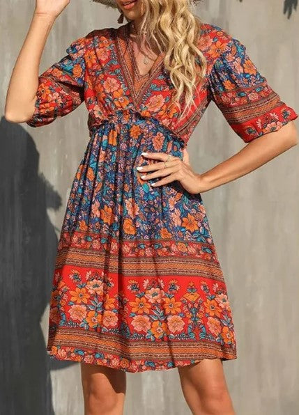 – kurzärmliges bedrucktes boho-kleid für damen