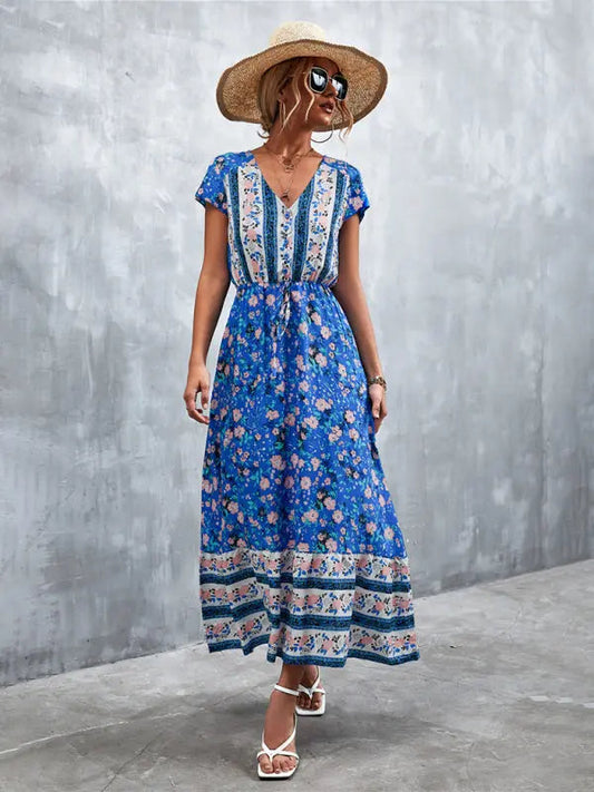 Gewebtes V-Ausschnitt langes Bohemian-Kleid