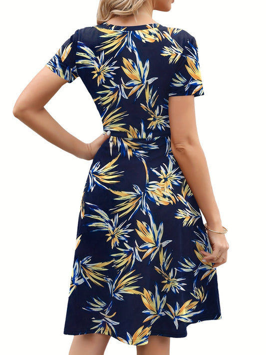 Blumen Print Rundhalsausschnitt Damen Kleid