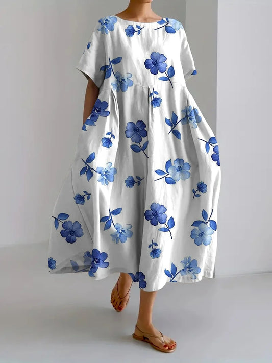 Locker sitzendes Damenkleid mit botanischem Retro-Blumenprint