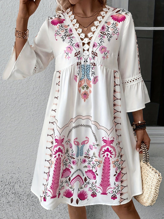 Ethnic Print V-Ausschnitt Damen Kleid