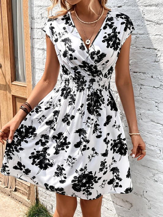 V-Ausschnitt Blumen Print Damen Kleid