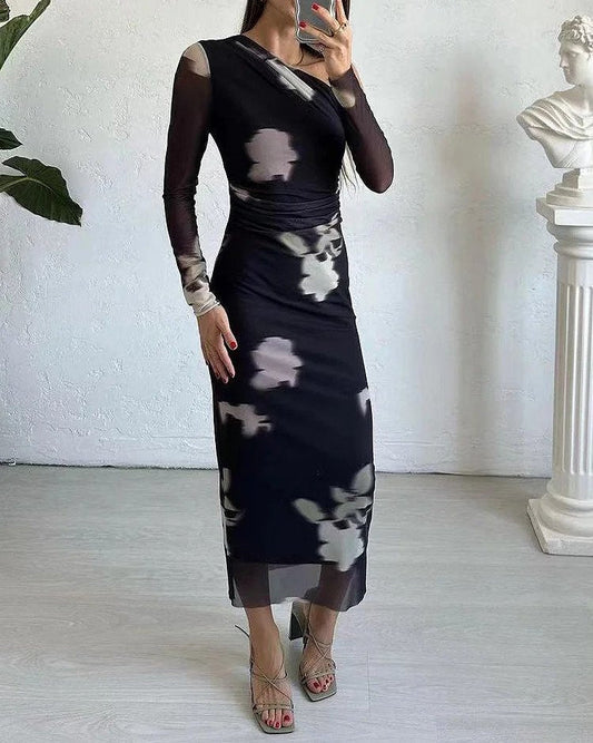 Kleid mit schrägem Hals und Blumenmuster für Damen | Ineke