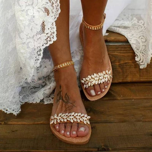 Rhinestone Flower Decorated Flat Sandal