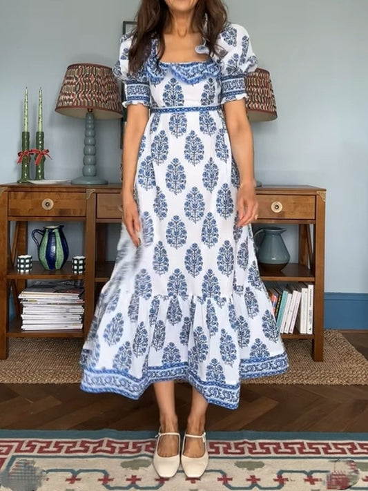 Balina - Blaues bedrucktes Sommerkleid