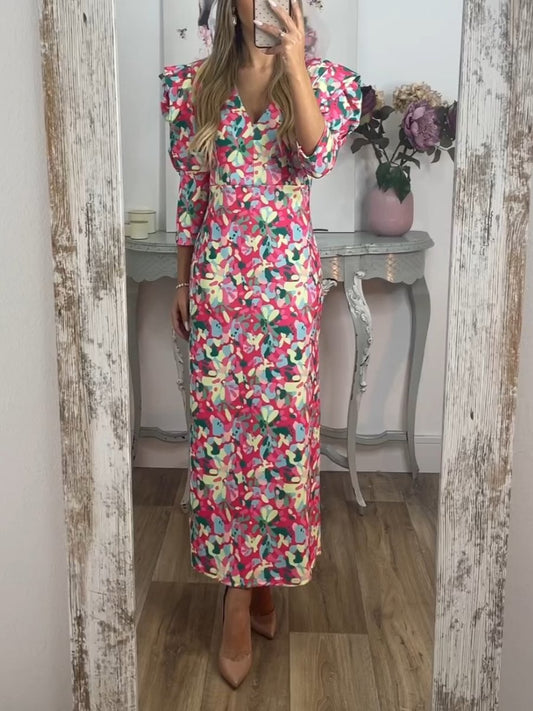 Tanschi - Florales Midi-Ärmel-Kleid mit V-Ausschnitt