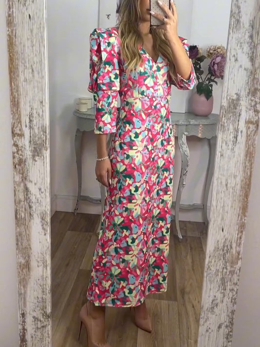 Tanschi - Florales Midi-Ärmel-Kleid mit V-Ausschnitt