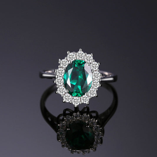 Classic Princess Diana Simulated Emerald Ring with 925 Sterling Silver