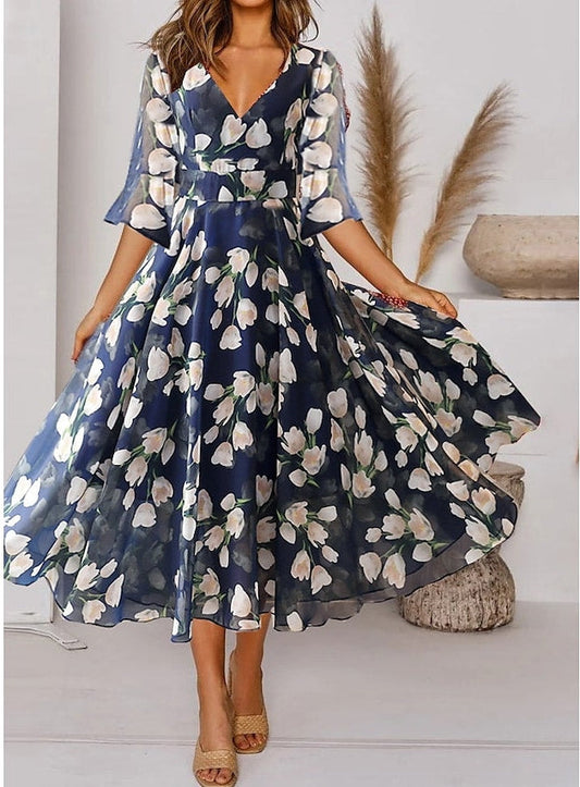 Sommery® Weißes Tulpenschichtenkleid mit kurzen blauen Ärmeln