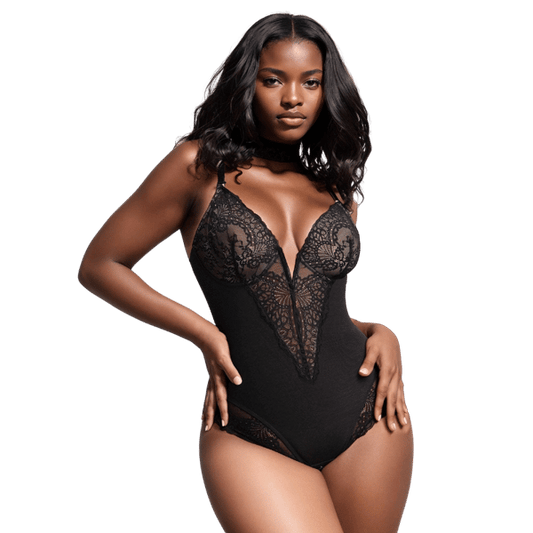 Tiefer V-Bodysuit aus Spitze