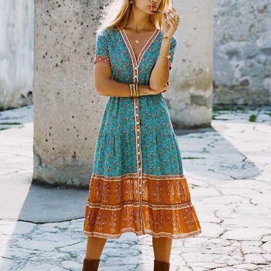 Boho-Druck Knopfleisten-Sommerkleid